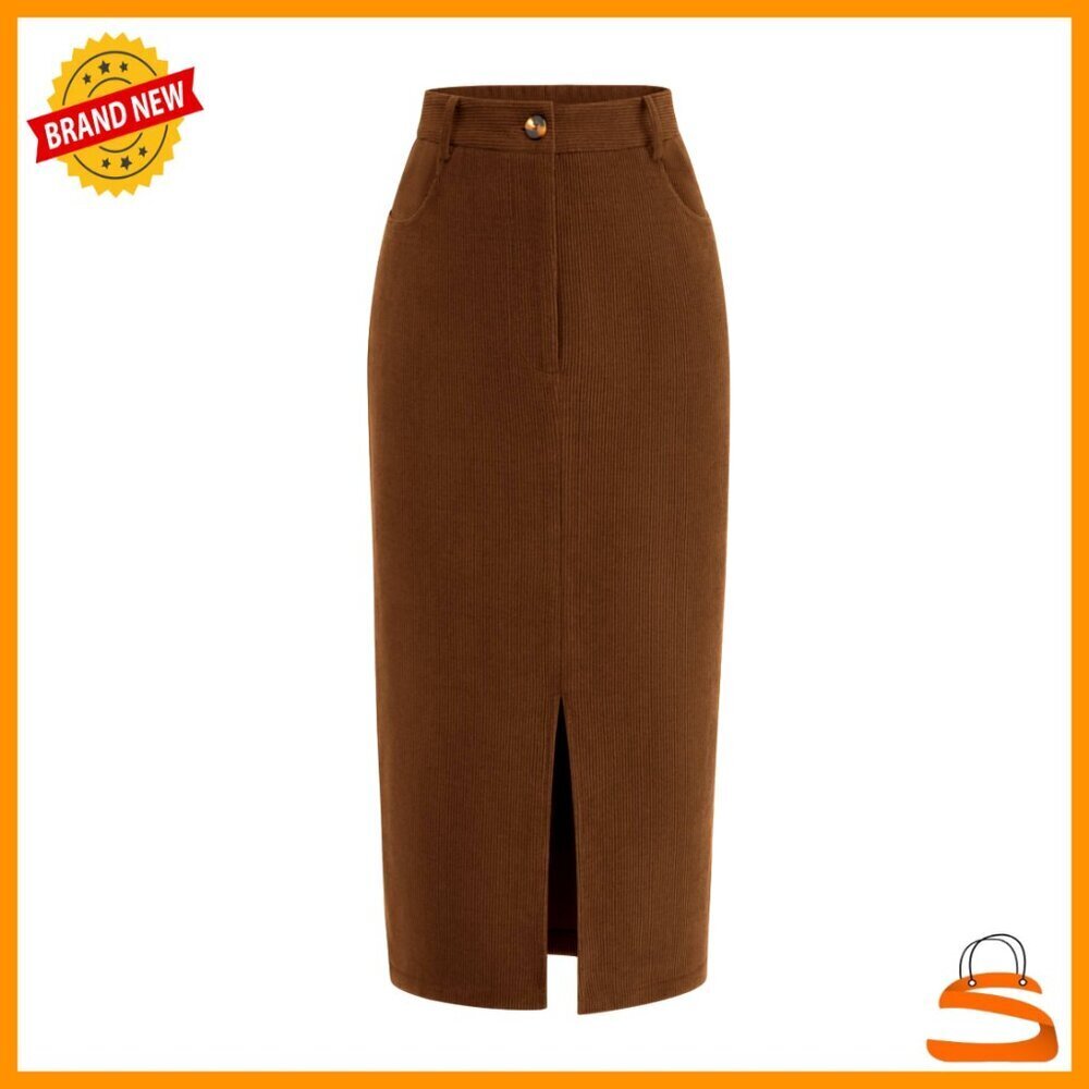 Corduroy Pencil Skirt High Waisted Midi Elegant Chic Business Casual Work Office